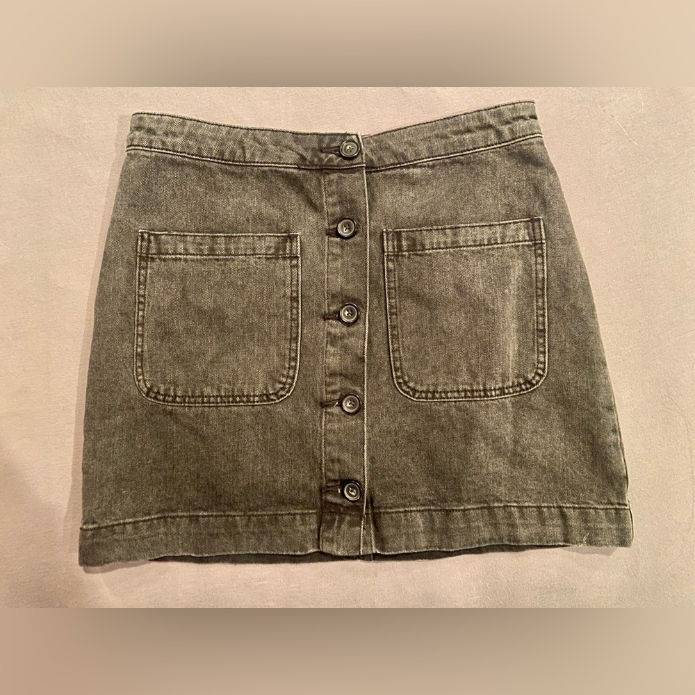 FREE PEOPLE Dark Grey Distressed Denim Button Mini Skirt